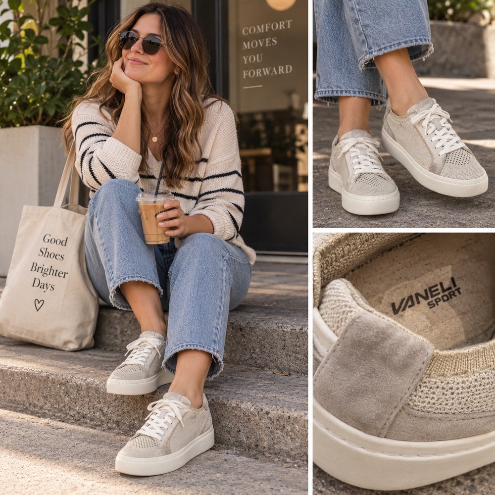 Vaneli Sport Womens Beige Knit Suede Lace Up Sneaker Size 8.5 M Tan Gold Shimmer